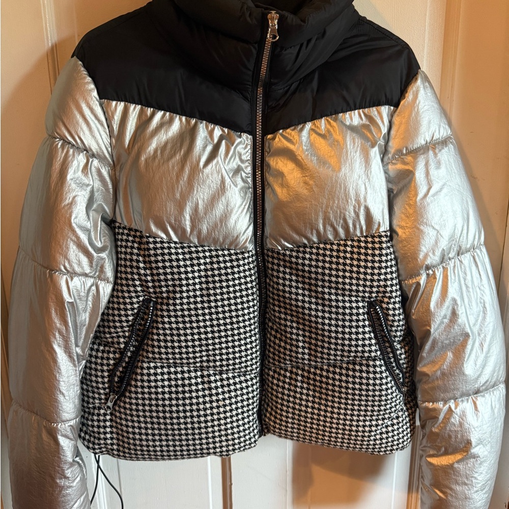 Steve Madden Silver and Black Houndstooth Puffer Jacket
